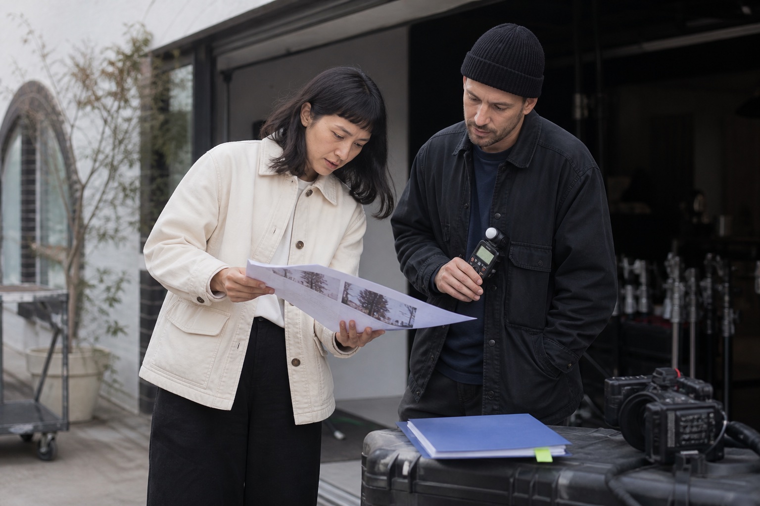Creative lead and production partner reviewing a location and camera plan before a shoot