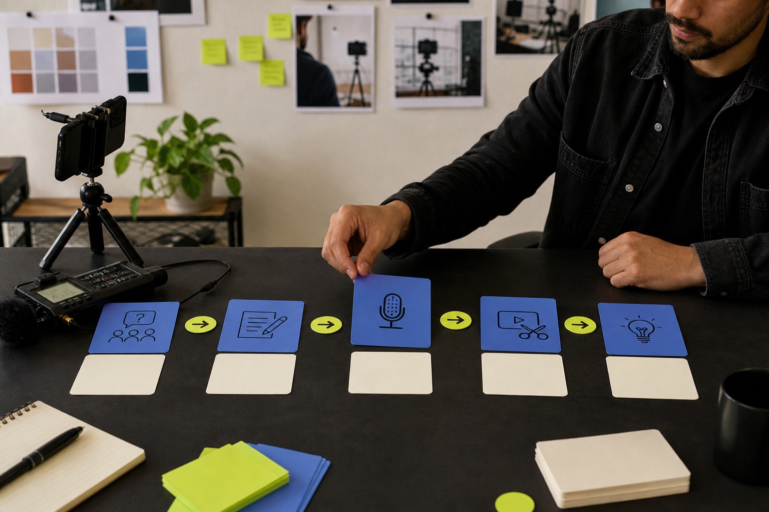 Creative producer moving physical cards through a repeatable short-form video workflow